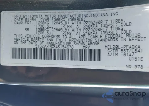 2004 Toyota Sienna Xle Limited z USA, uszkodzony, nr VIN 5TDZA22C34S154678